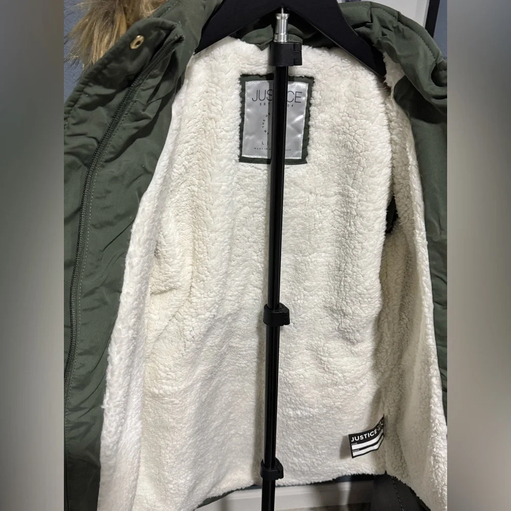 Justice Kids Olive Puffer Jacket with Faux Fur Trim